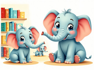 Cute cartoon elephants in various playful poses, vibrant colors, suitable for children's books, educational materials, and playful designs.  Focus on expressive faces and body language.