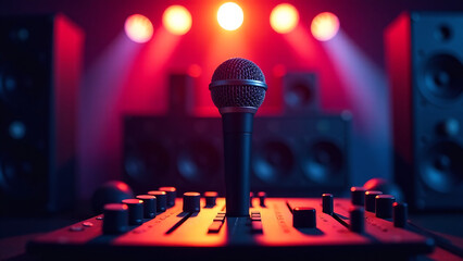 Close up of a microphone on top of an audio mixer, vibrant red and blue stage lights illuminating the scene, performance venue setting.
