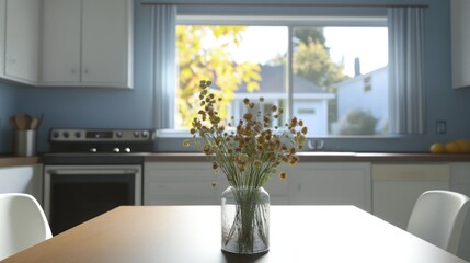 Kitchen interior with a bouquet of dried flowers on a table.