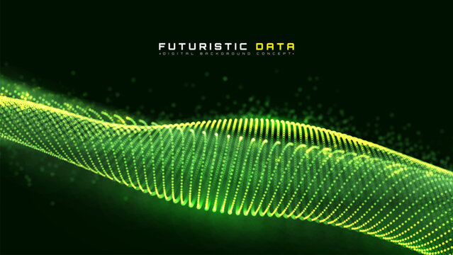 Futuristic Green Data Wave, Abstract Big Digital Glow, AI Helix Particle, Neon Matrix Sound Waveform Banner, Sound Tech Vibration Curve. Vector illustration.