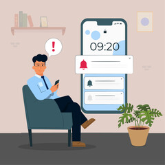 Man checking mobile alert message flat design