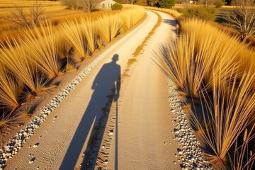 A long shadow of a person with a walking stick stretches across a gravel path lined with dry, golden plants on a sunny day.