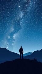 A silhouette of a person stands on a hill under a starry night sky, gazing at the Milky Way galaxy and countless stars.