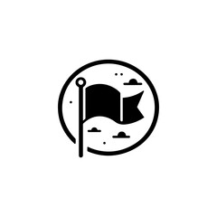 A simple black flag icon, waving gently in the wind, encircled by clouds, symbolizes achievement or progress.