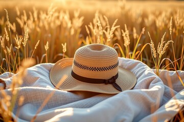 A straw hat rests on a blanket in a sunlit golden wheat field during sunset, evoking a peaceful and rustic countryside atmosphere.