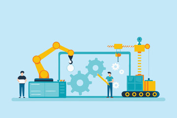 escription: A group of people working together on a large screen that displays gears and code. The setup suggests teamwork in software development or system configuration.
Key Elements:
People collabo