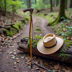 A walking cane and a straw hat rest on a mossy log beside a forest trail lined with trees and scattered leaves.