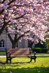 A peaceful park bench beneath blooming cherry blossom trees with a classic building softly blurred in the background on a sunny spring day.