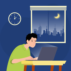 Overworked man doing extra hours at desk illustration

