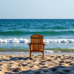 A solitary wooden chair sits on sandy beach facing gentle ocean waves under a clear blue sky.