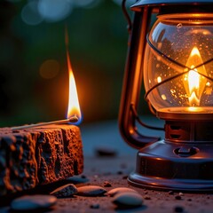 A close-up of a burning matchstick and a lit vintage lantern with glowing flames, casting warm light on a textured surface with small pebbles.
