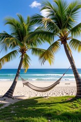 A hammock is strung between two palm trees on a sunny beach with clear blue skies and gentle ocean waves in the background.