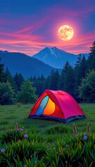 A vibrant red tent glows under a full moon, set amidst lush greenery with wildflowers, pine trees, and majestic mountains at dusk.