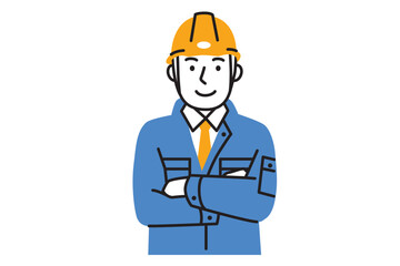 作業服を着てヘルメットを被り腕組みをする男性作業員のシンプルなイラスト