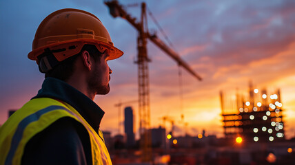 Construction Supervisor Inspecting Urban Site at Dusk.
