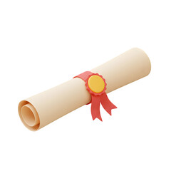 3D Scroll of Graduation Diploma with Ribbon – Education Certificate Concept, Isolated on White or Transparent Background