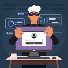 Thief stealing personal information data vector illustration