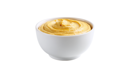 Creamy yellow hummus in a white bowl isolated on transparent background