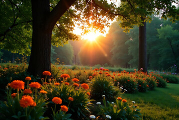 A serene outdoor meditation garden at sunrise, with vibrant colorful flowers in bloom, soft light filtering through the trees, peaceful atmosphere.