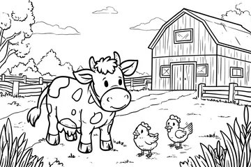Fotobehang Boerderij Cute cow and chicks in a farm scene. Coloring page  © AndiMuhammad