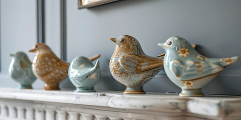 Soft Blue and Gold Ceramic Bird Figurines on Marble Mantel
