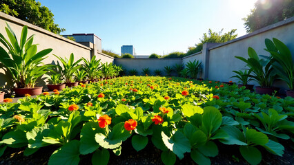 A vibrant rooftop garden thriving in a concrete urban setting. Lush greenery, colorful flowers, and potted plants create a peaceful oasis.  Modern architecture in the background.  Focus on sustainabil