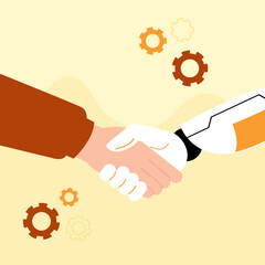 Human and robot shaking hands in workplace collaboration vector illustration