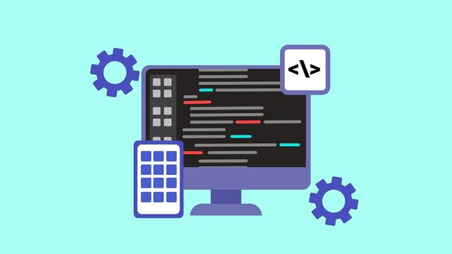 Animated illustration of computer coding with source code on screen software development symbols and user interface elements in a modern colorful flat design for programming concept