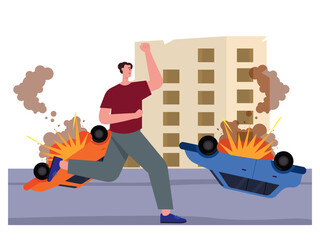 Man running away from war. War illustration. Flat vector illustration.