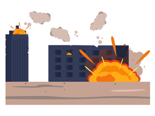 Many buildings burned down due to bomb explosions. War illustration. Flat vector illustration.