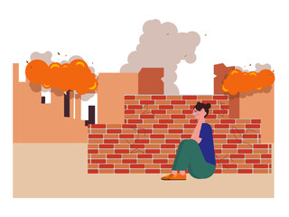 Girl is hiding behind a building in fear. War illustration. Flat vector illustration.