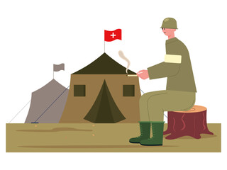 Soldiers handling health care are wearing uniforms and smoking cigarettes. War illustration. Flat vector illustration.