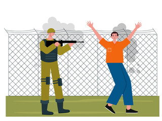 Citizens men caught by enemy military soldiers. War illustration. Flat vector illustration.