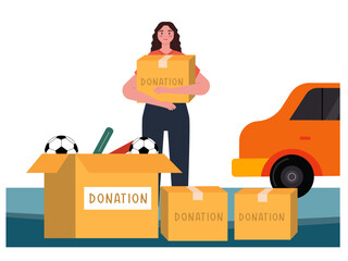 Woman carrying donation items for people affected by a disaster. War illustration. Flat vector illustration.