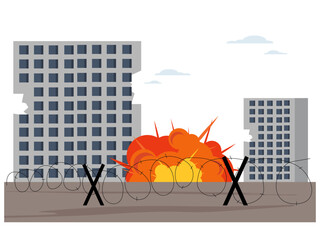 Explosion scene in the middle of the building. War illustration. Flat vector illustration.