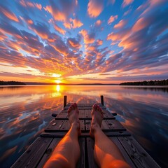 A breathtaking sunset over a calm lake with vibrant clouds and a person"s legs resting on a wooden dock.