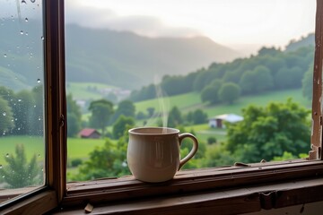 A steaming cup of coffee rests on a wooden windowsill, overlooking a misty, green valley with rolling hills and scattered houses.