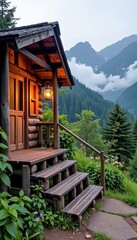 A cozy wooden cabin with a glowing lantern, nestled in lush greenery and overlooking misty mountain peaks under a cloudy sky.