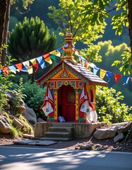 A colorful, ornate small shrine decorated with prayer flags, nestled in a lush, green forest setting with sunlight filtering through the trees.