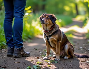 A small dog with a harness sits attentively on a dirt path next to a person wearing blue jeans and sneakers in a sunlit forest setting.