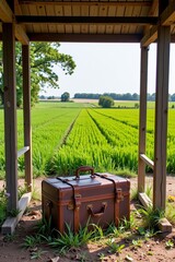 A vintage leather suitcase sits under a wooden shelter, overlooking expansive green agricultural fields with trees and clear skies in the distance.