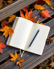 An open blank notebook with a pencil lies on a wooden bench surrounded by autumn leaves and a pinecone.