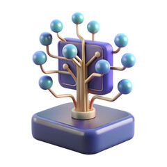 3D Render of Abstract Technology Tree with Blue Spheres and Circuit Design on Purple Base