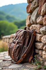 A brown leather backpack leans against a rustic stone wall with a blurred mountainous landscape in the background.