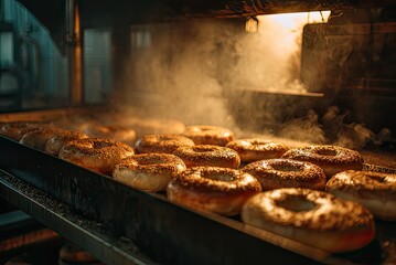 Freshly baked bagels steaming on a metal tray in a bakery oven