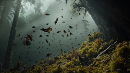 A multitude of dark, feathered things flitting through a misty forest.