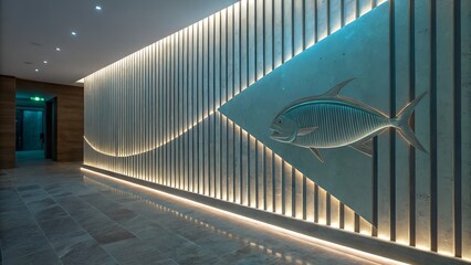 Fototapeta premium Illuminated Aquatic Biomorphic Fish Sculpture in Modern Eco Tech Interior Design