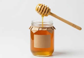 Honey dripping from dipper into jar