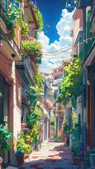 Fototapeta premium Vibrant, sunlit alleyway scene with lush greenery climbing the buildings in an anime art style