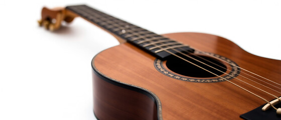Fototapeta premium Close-up view of a vintage acoustic guitar. Focus on the intricate wood grain detail, highlighting the rich tones of the wood. High resolution image.